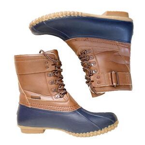 Jambu Duck Boots 8.5 Navy Blue Tan Rubber Waterproof Shoes Insulated Faux Fur